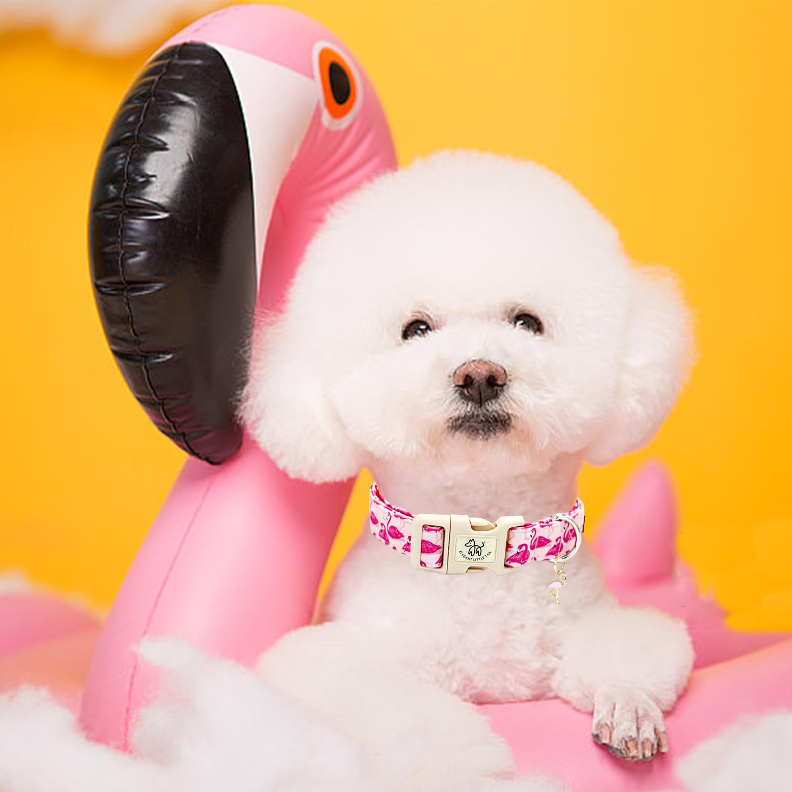 Elegant Little Tail Dog Collar-Cute Pet Dog Collar Pink Flamingos Print Cotton Soft Girl Puppy Adjustable Pet Collars For Small