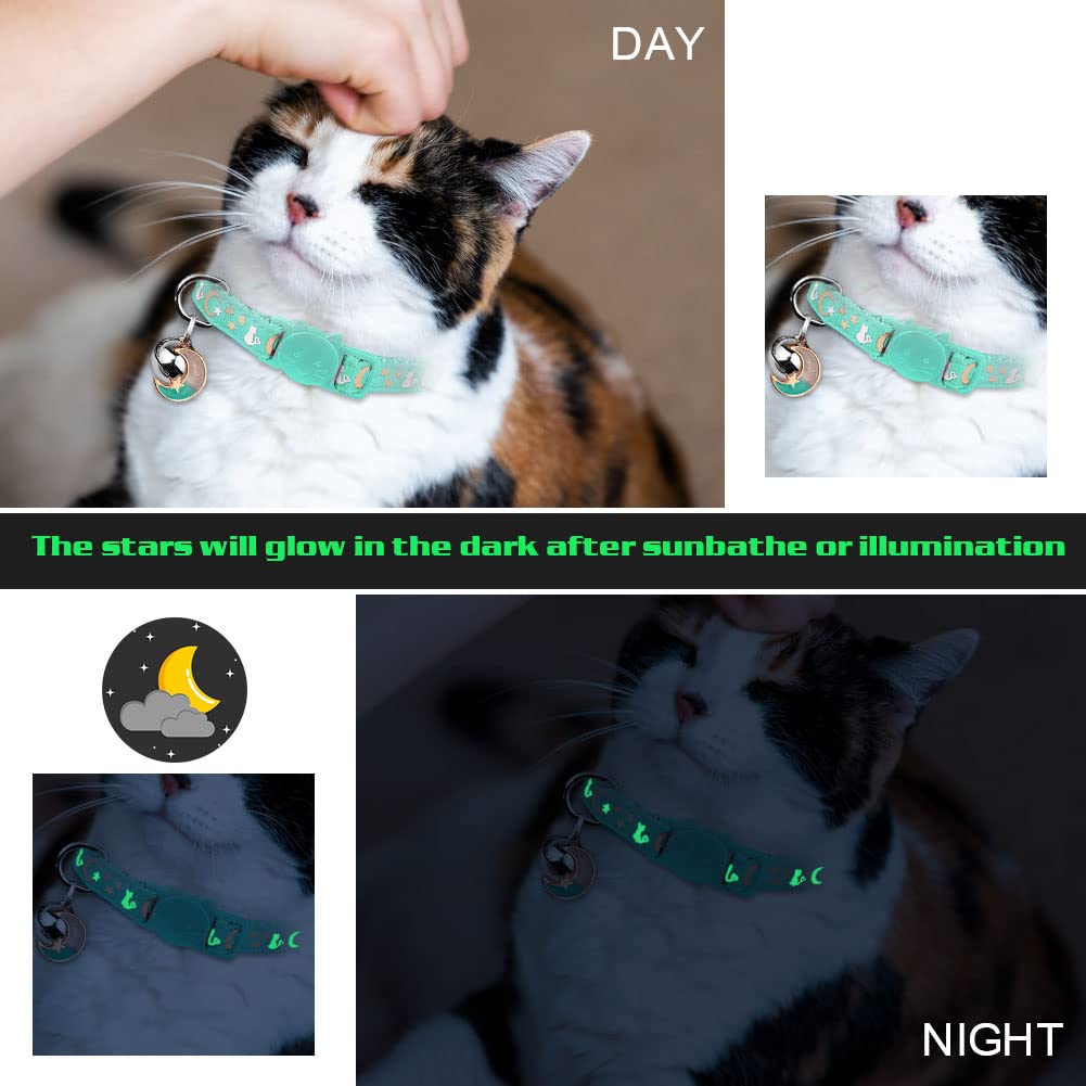 2Pcs Breakaway Cat Collars With Bell Moons Stars Cute Kitty Adjustable Safe Kitten Collars With Pendant Glow In The Dark(Black&T