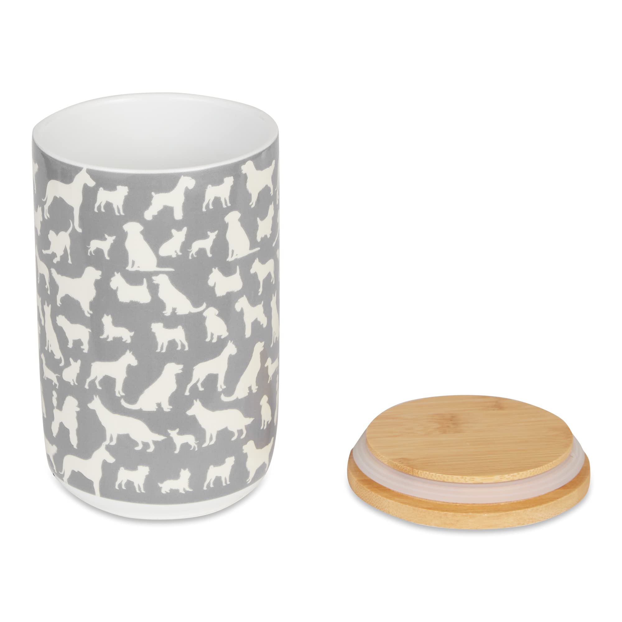 Bone Dry Ceramic Treat Jar for Cats and Dogs, Bamboo Lid, Dishwasher Safe Canister, 4x6.5, Gray, Dog Treats