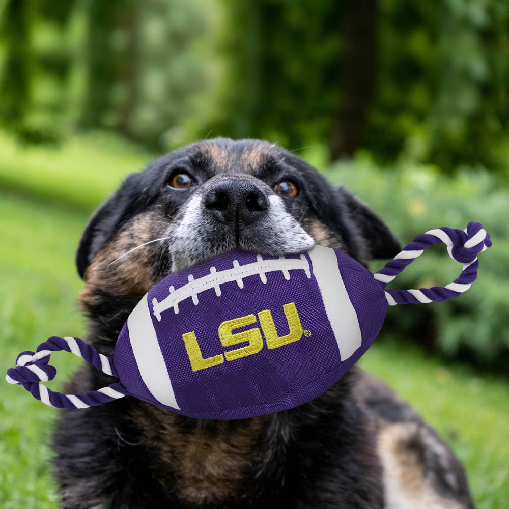 Pets First NCAA LSU Tigers Football Dog Toy, Tough Quality Nylon Materials, Strong Pull Ropes, Inner Squeaker, Collegiate Team C