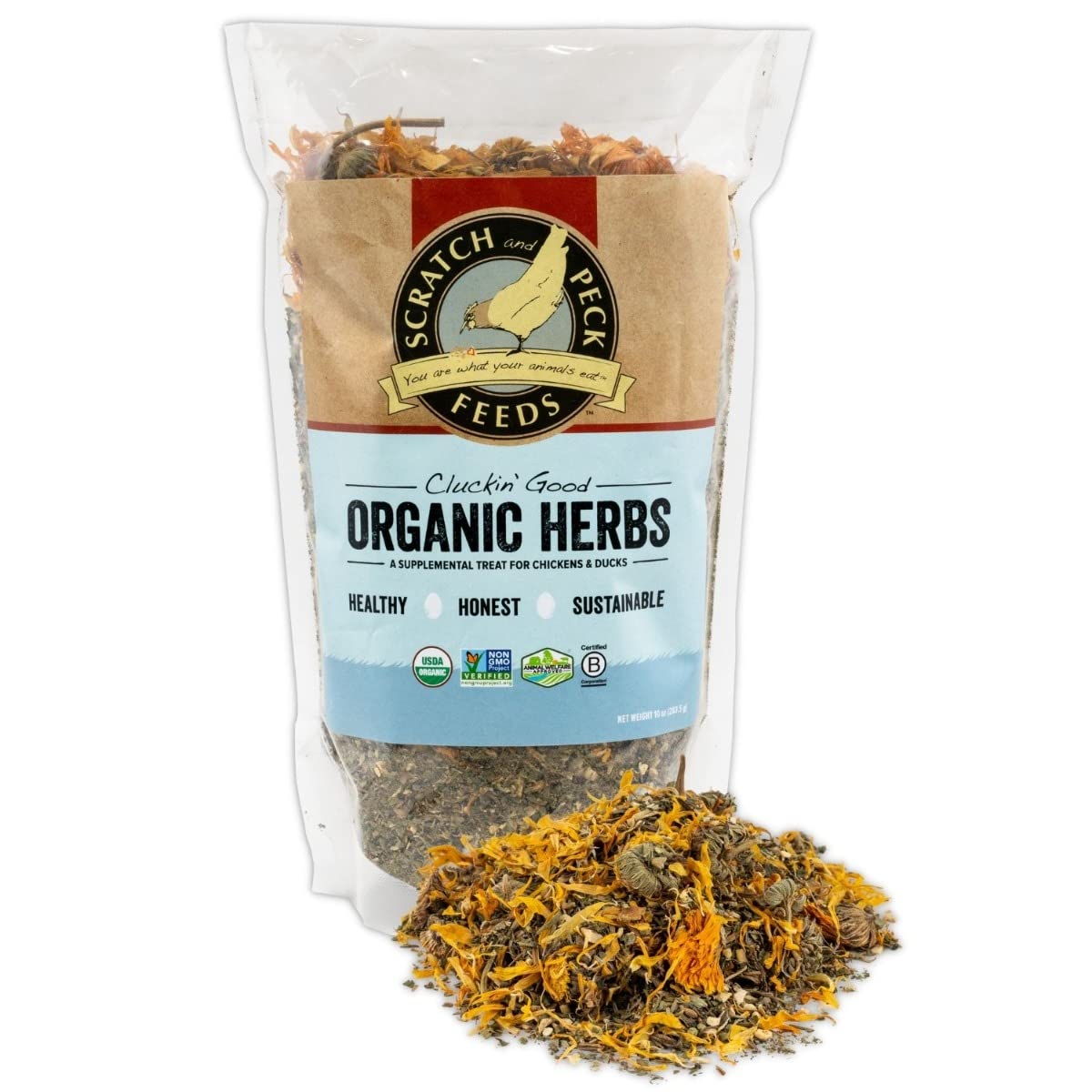 Scratch and Peck Feeds Cluckin Good Organic Herbs - 10 Ounce - Supplemental Bird Treats for Chickens and Ducks - Certified Orga