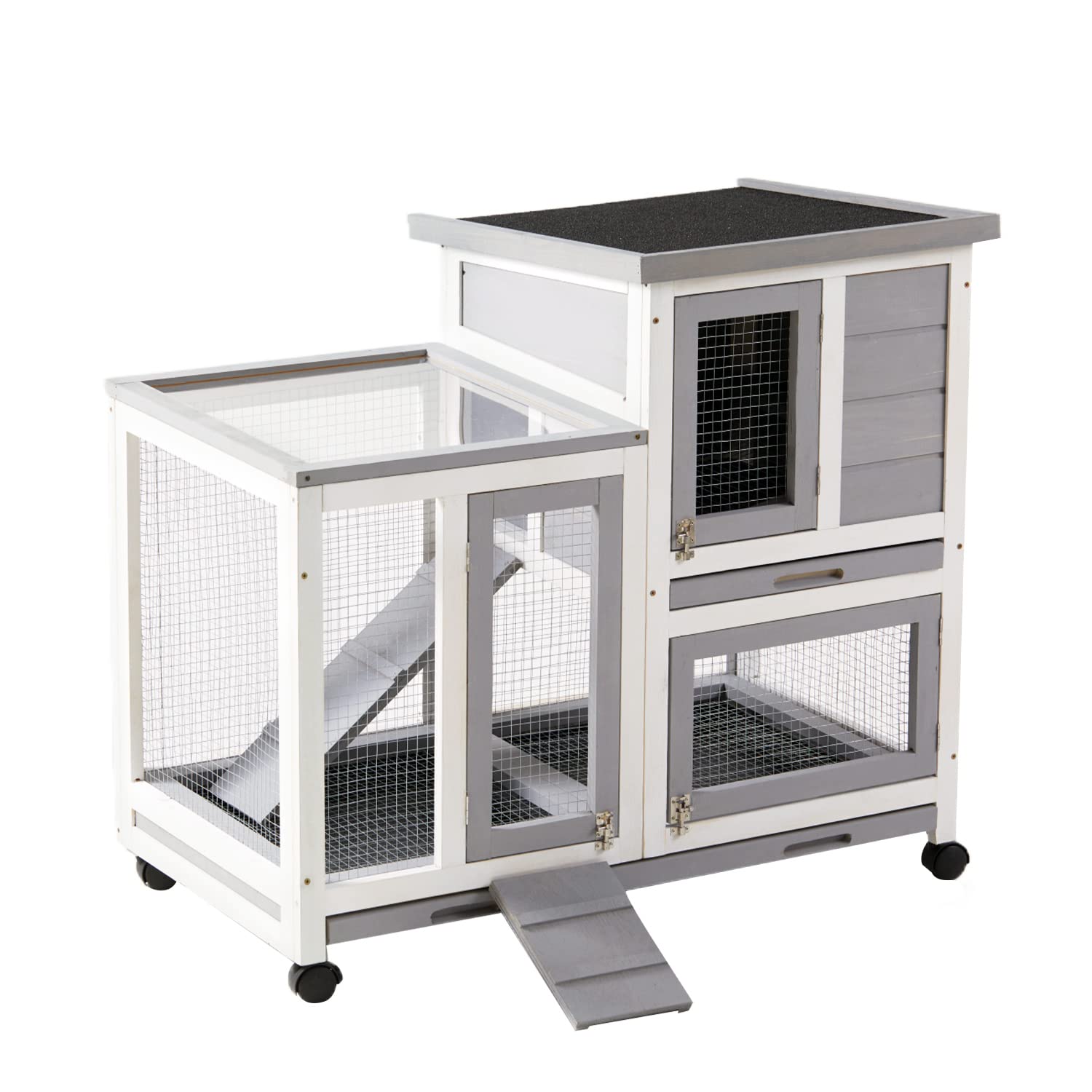 Graessa Rabbit Hutch, Indoor Rabbit Cage Two Story Bunny Hutch With Wheels Guinea Pig Cages With Removable No Leaking Tray, Ramp