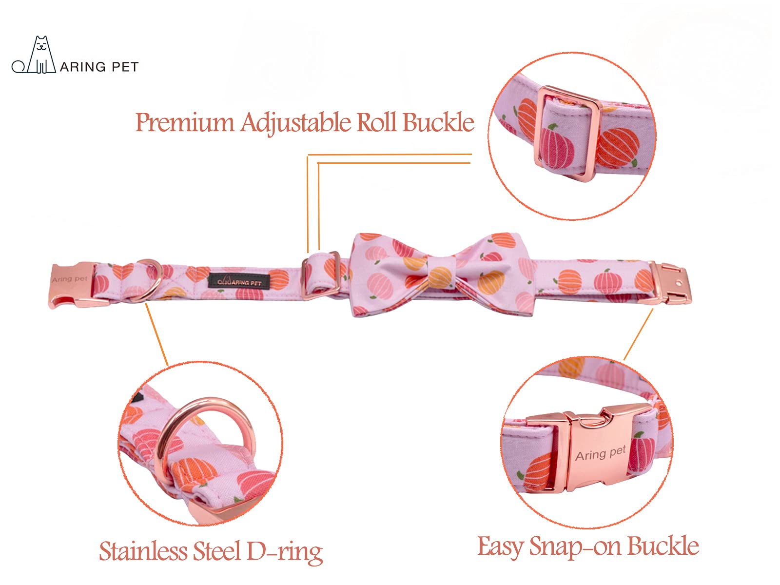 Aring Pet Bowtie Dog Collar,Dog Collar With Removable Bow,Adjustable Halloween Pink Pumpkin Dog Collar.