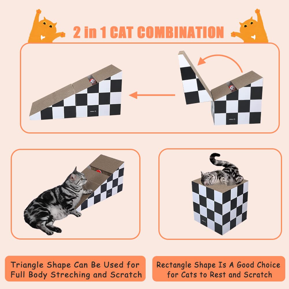 Cat Scratching Board With Ball, Triangle Cat Scratching Cardboard, Multiple Scratching Angles, 2-In-1 Scratching Lounge Bed, Recyclable And Durable, Furniture Protector, Black And White
