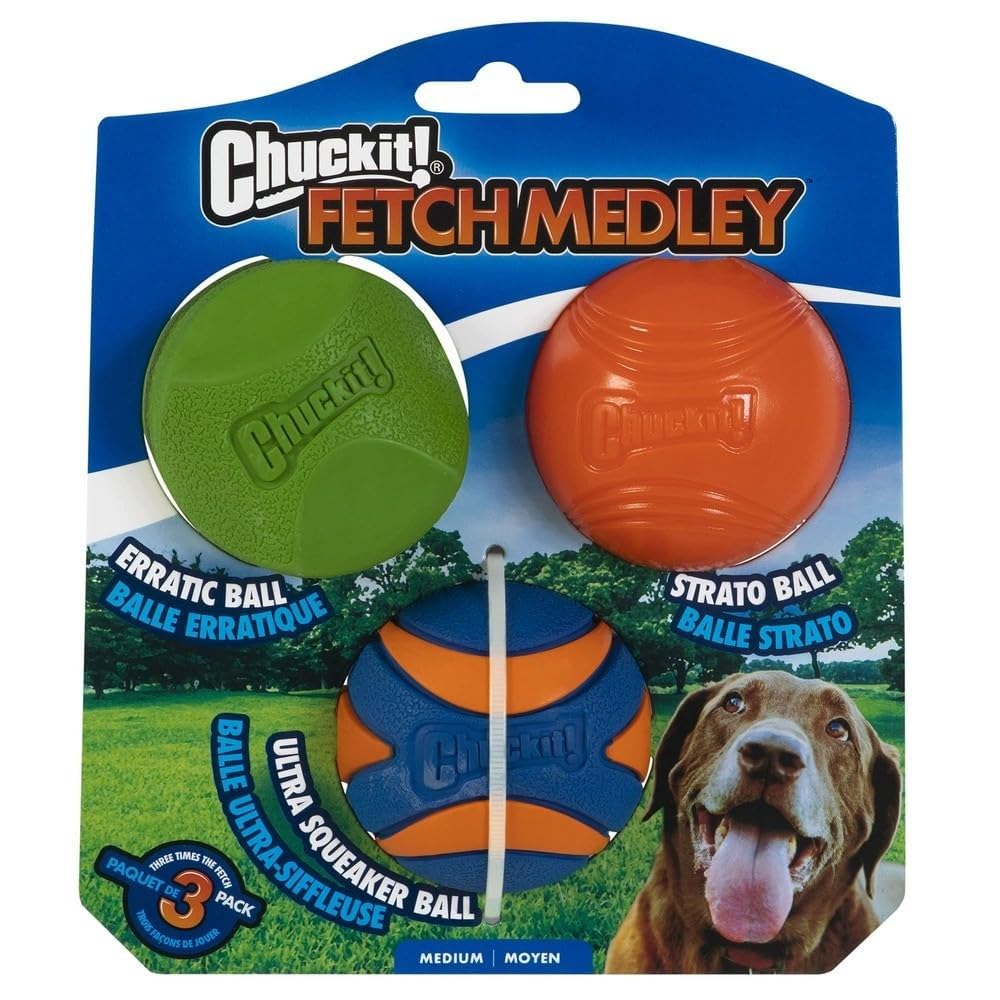 Chuckit! Fetch Medley Dog Ball Dog Toys, Medium (2.5 Inch) Pack Of 3, For Medium Breeds, Includes Erratic, Strato And Ultra Squeaker Balls