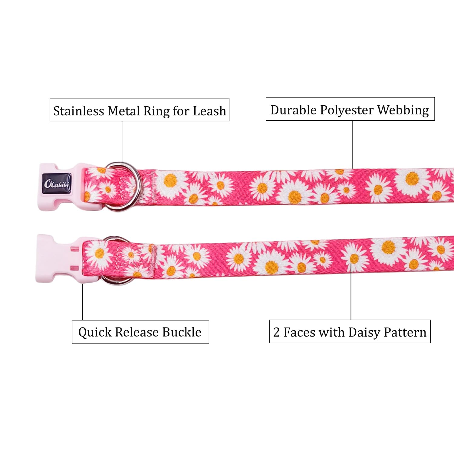 Olahibi Dog Collar And Leash Set, Cute Pink Daisy Pattern, Polyester Material, 5Ft Leash, For Large Dogs.(Large, Pink Daisy)