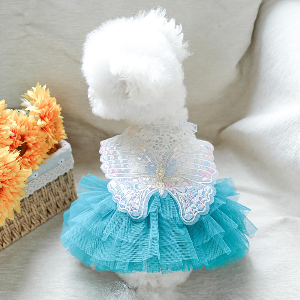 Aniac Butterfly Dog Dress With Blue Tutu Funny Pet Clothes With Wing Girl Puppy Dress For Small Dogs Pet Butterfly Costume Holid