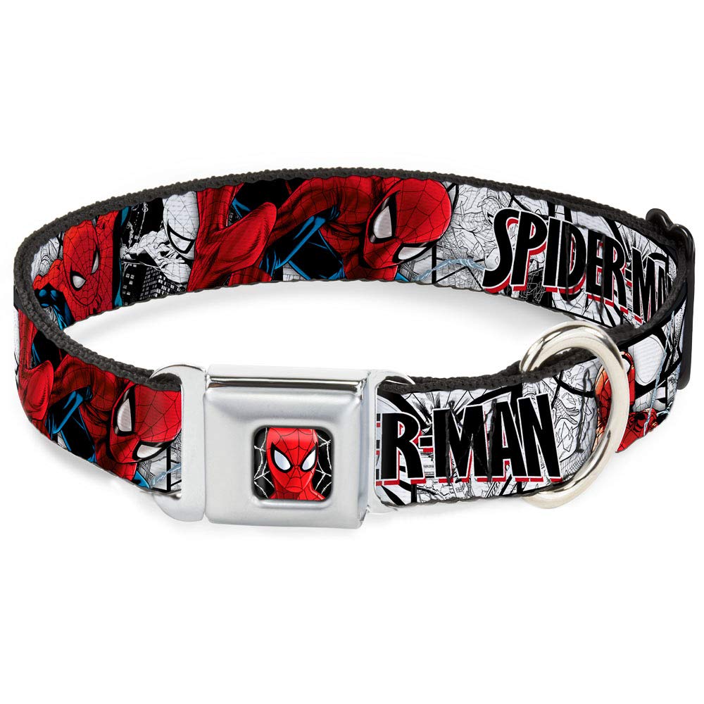 Buckle-Down Dog Collar Seatbelt Buckle Spider Man Action Poses Comic Scenes White Black Red, Multicolor, 1.5' Wide - Fits 13-18' Neck - Small (Dc-Wspd039-Ws)