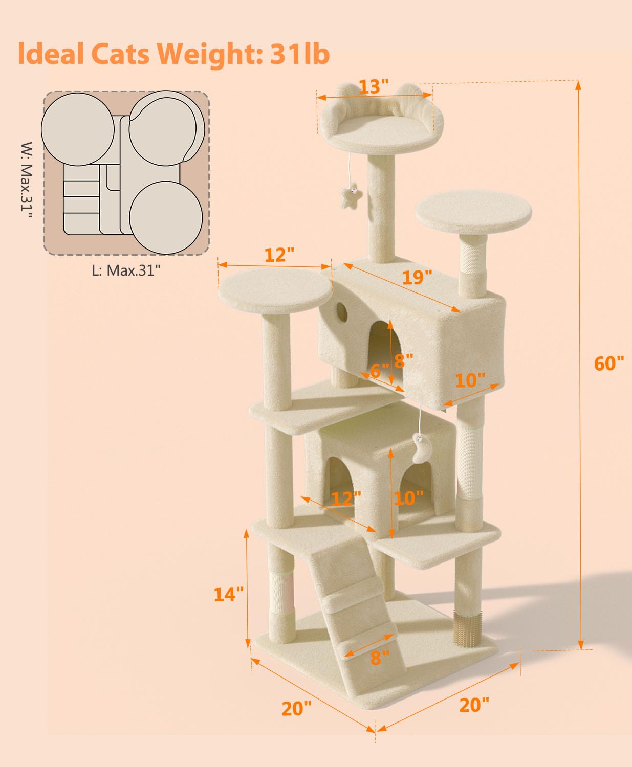 Os Motor 60'' Cat Tree Tower For Indoor Cats Large Adult,Cute/Tall Modern Cat Tree For Big Cats 20 Lbs, Plush Multi-Level Cat Co