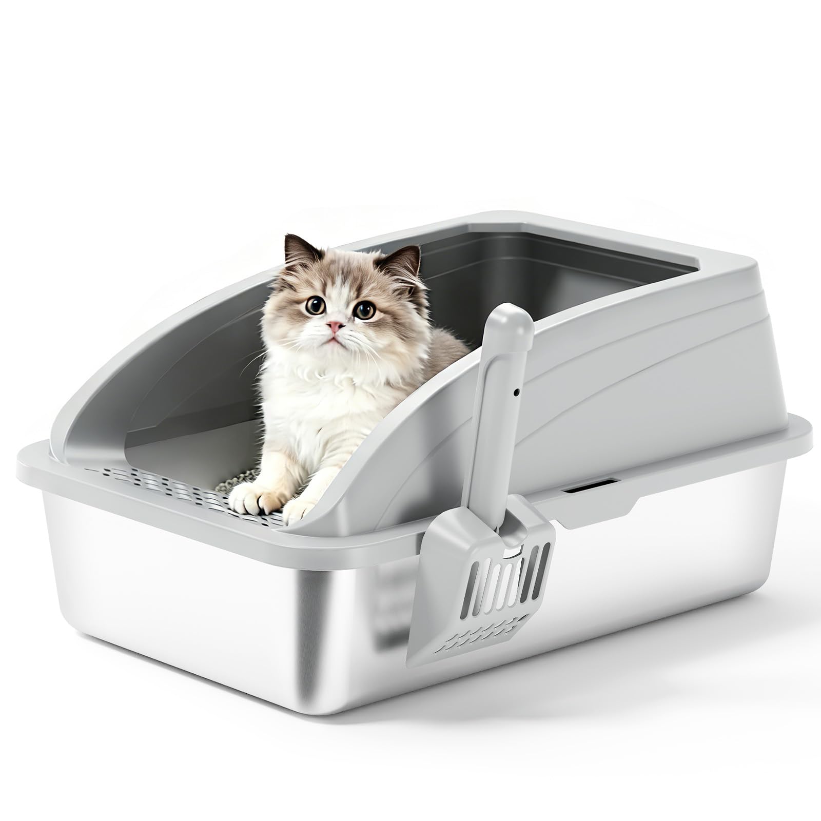 APPKER Stainless Steel Cat Litter Box with Lid, Metal Kitty Litter Box with Scoop, Non-Stick Base, Easy to Clean for Cat, Rabbit