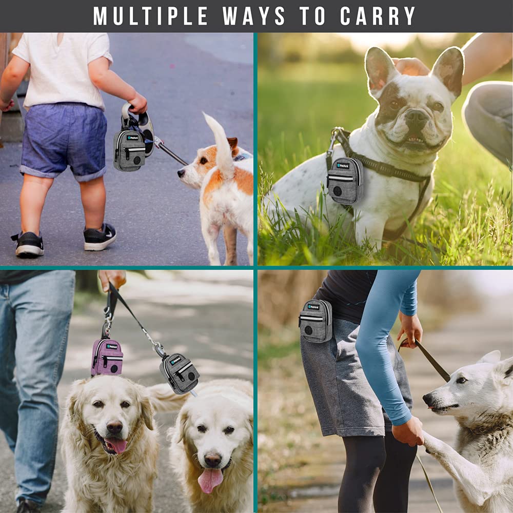 Petami Dog Poop Bag Holder | Dog Waste Bag Dispenser With Clip For Leash And Belt | Portable Fabric Doggy Waste Bag Holder For Walking Hiking Running Travel - With One Roll Of Dog Bag (Heather Gray)