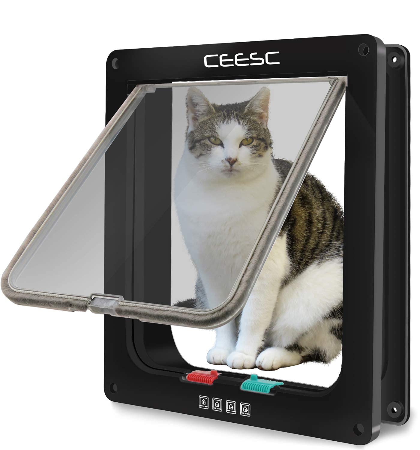 Ceesc Extra Large Cat Door (Outer Size 11'' X 9.8''), 4 Way Locking Large Cat Door For Interior Exterior Doors, Weatherproof Pet