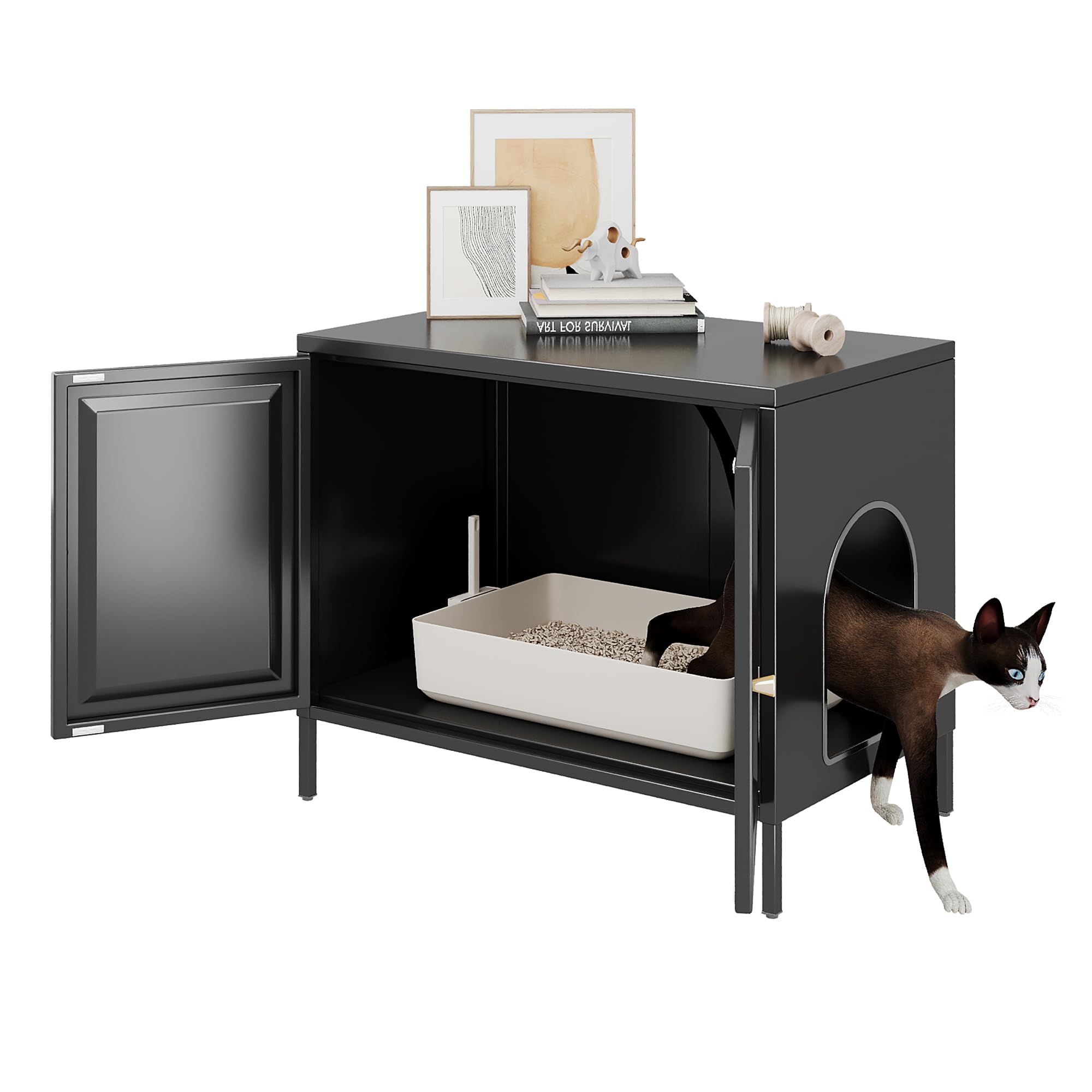 Aobabo Cat Litter Box Enclosure, Metal Cat Washroom Furniture with Barn Door, Pet House, Fit Most of Litter Box, Black, Assembly
