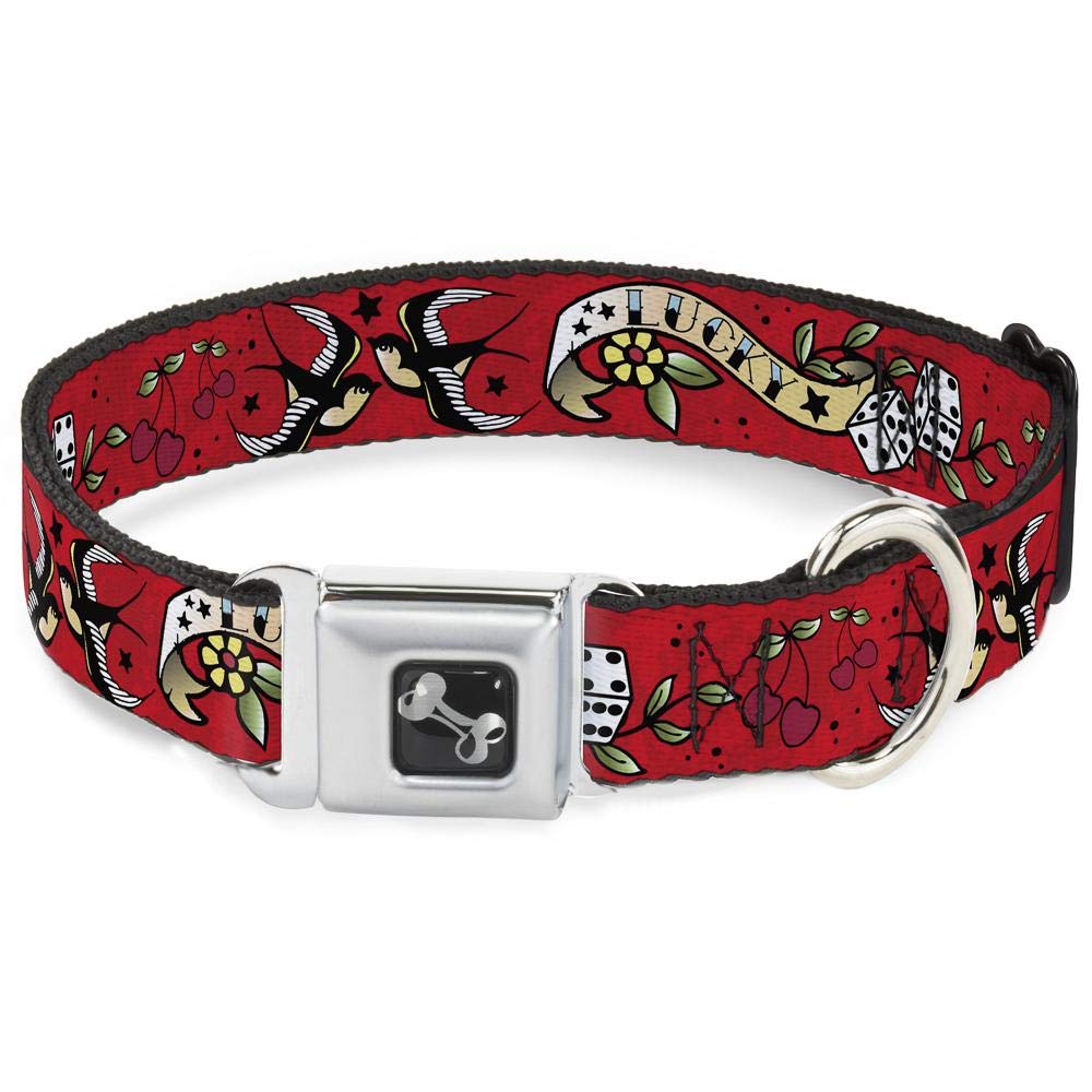 Dog Collar Seatbelt Buckle Lucky Red 11 To 17 Inches 1.0 Inch Wide