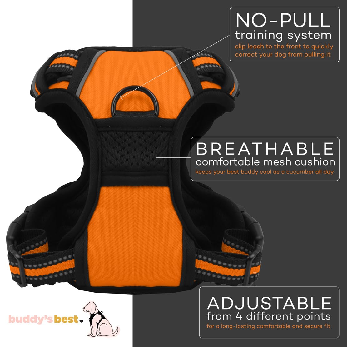 Buddy'S Best Dog Harness, No-Pull Pet Harness With 2 Leash Clips, Adjustable Soft Padded Reflective Safety Pet Harness For No-Ch