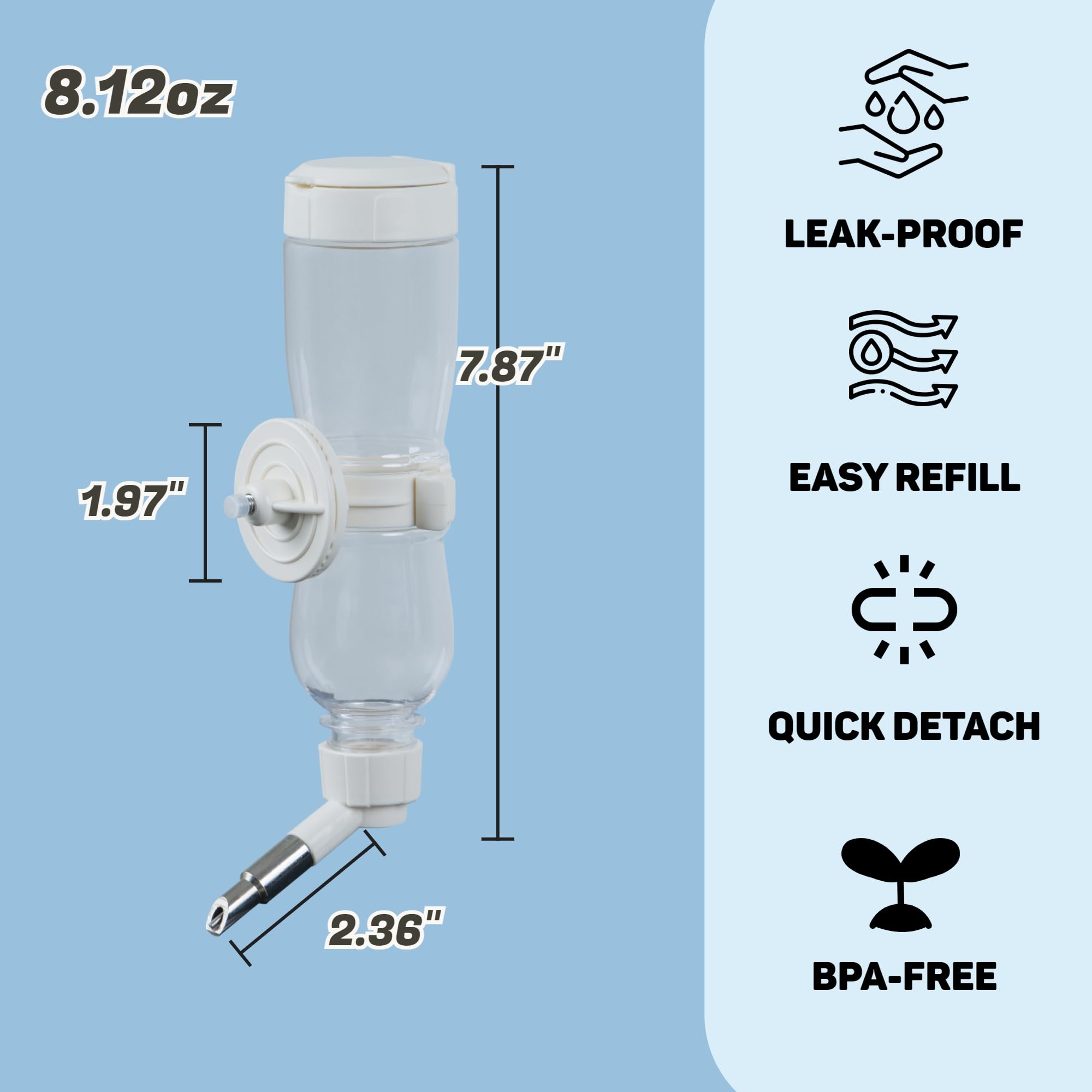 Leak-Proof Small Animal Water Bottle For Chinchillas, Birds, Hamsters, Guinea Pigs, Rabbits And Other Small Pets. (White, 8.12Oz