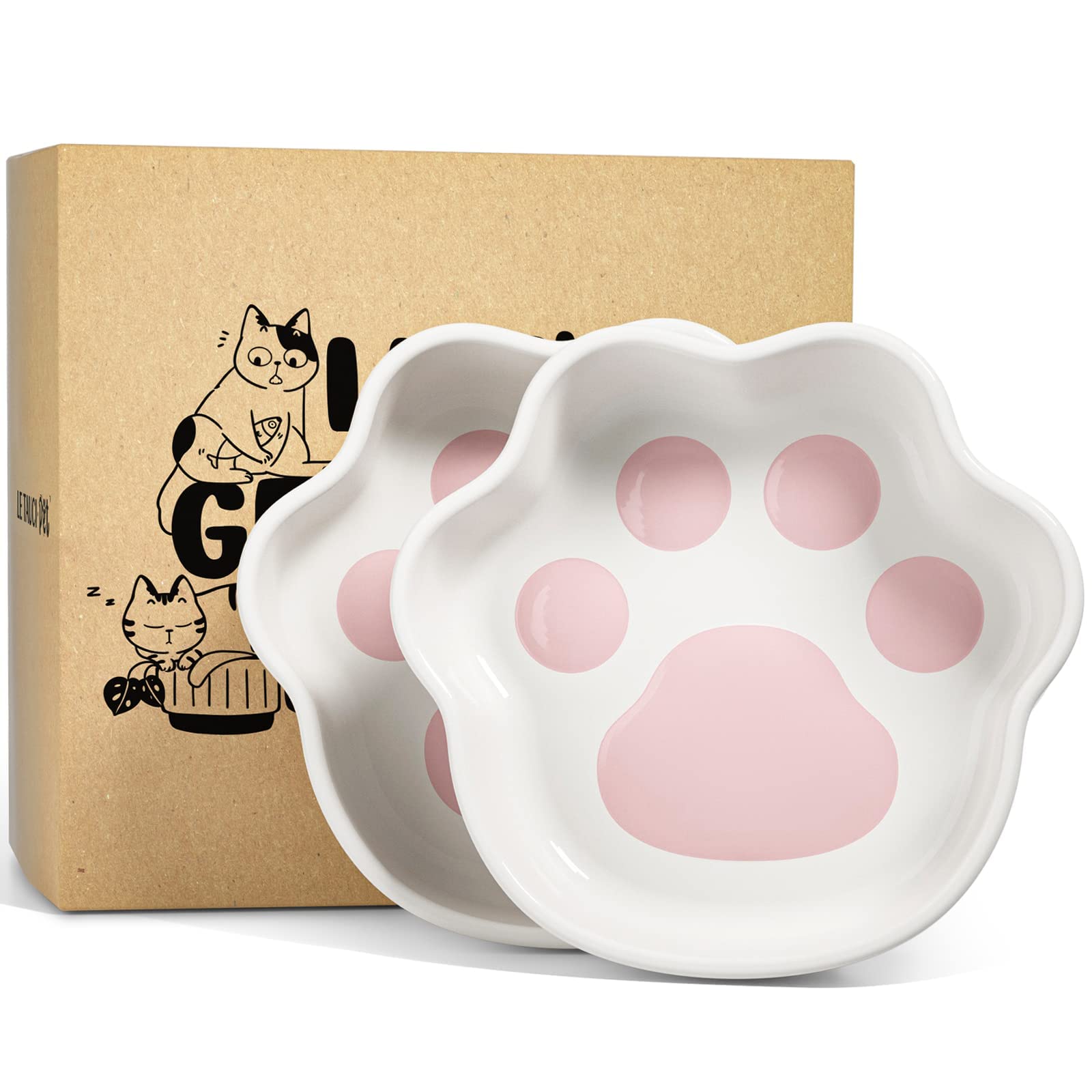 Le Tauci Cat Bowls: Shallow Ceramic Cat Dishes, 8 Oz, Relief Whisker Fatigue, Paw Shaped Kitten Bowls & Water Dish