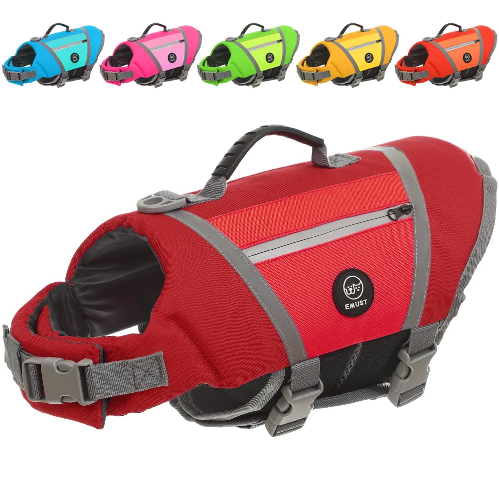 Emust Dog Life Vests - Lightweight Floating Vest With Rescue Handle, Quick-Release Buckles, Adjustable Dog Lifejacket With Pocke