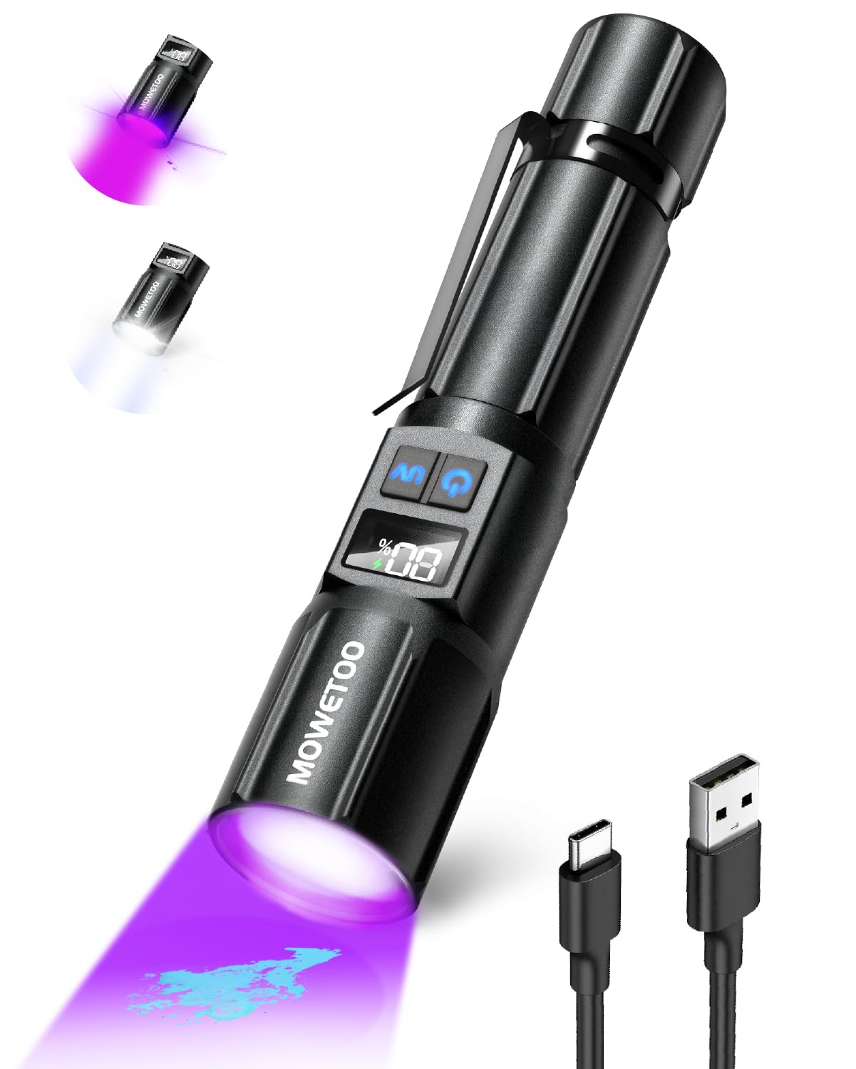Black Light Flashlight, UV Light USB C Rechargeable with LCD Display, Zoomable Woods Lamp 2N1, 395NM Blacklight for Pet Urine De
