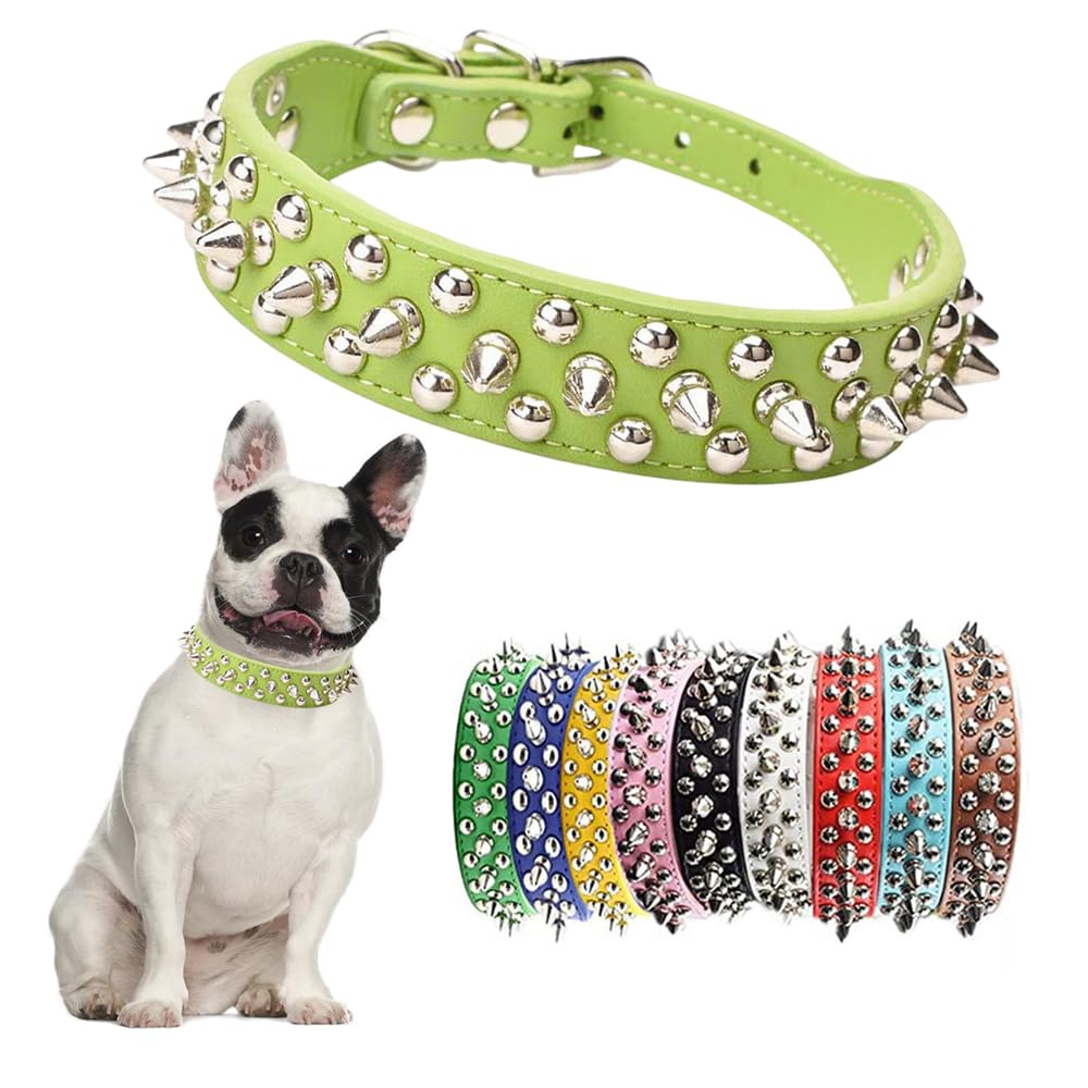 Green Spiked Dog Collar For Medium Dogs,Mushroom Rivet Spike Puppy Collars Girls Boys Leather Studded Cat Collar Metal Buckle Du