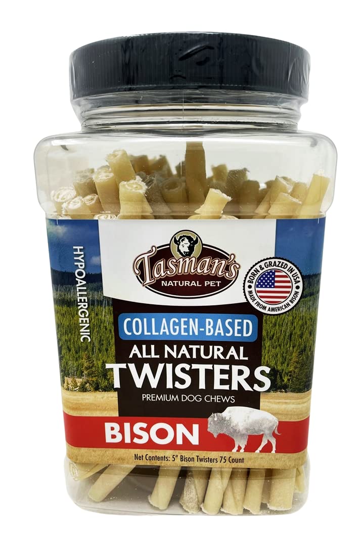 Tasmans Natural Pet Small 5 Bison Collagen-Based Twisters, 75 Count Jar. Traditional Rawhide Alternative