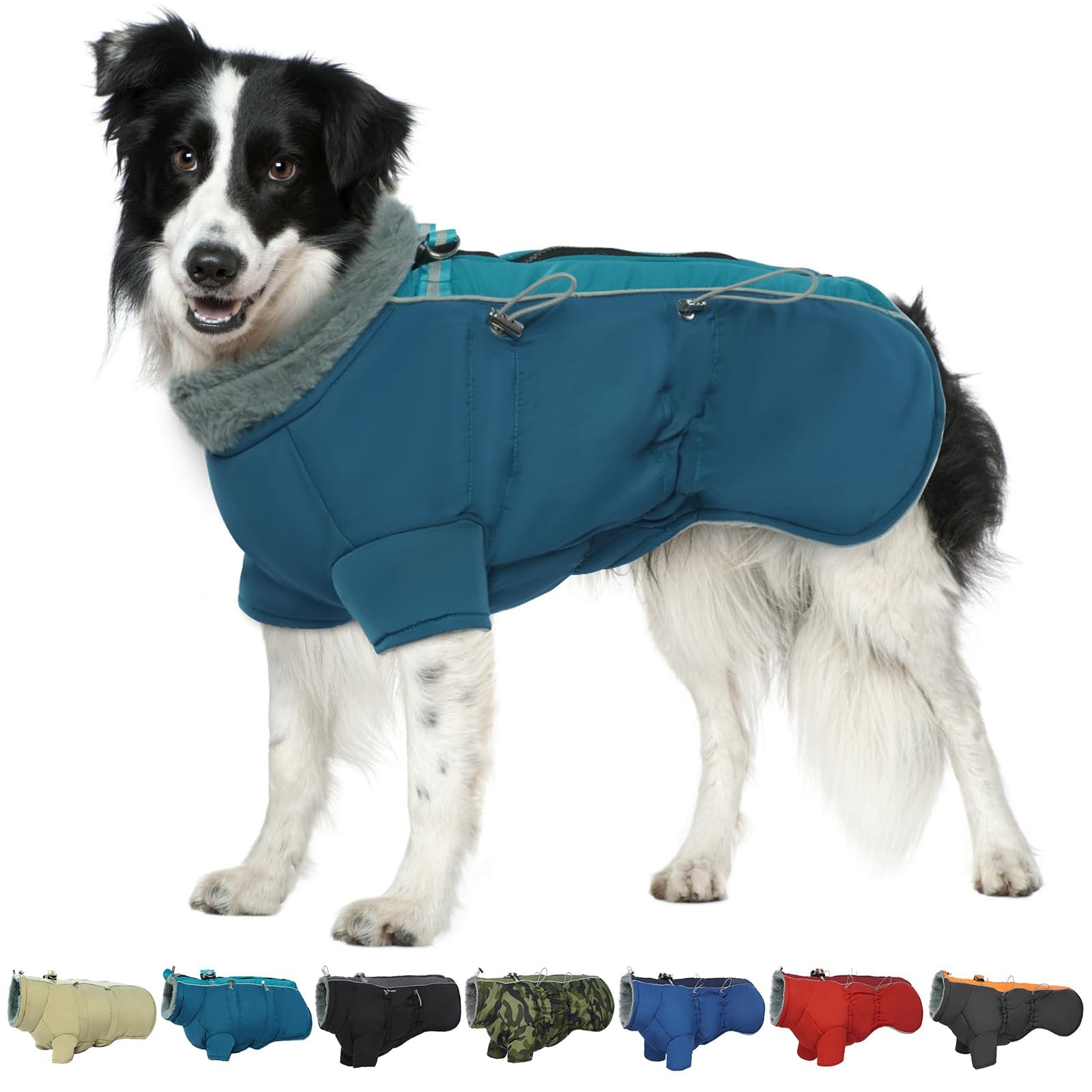 Ikipuko Dog Jacket - Winter Waterproof Dog Coat, Fleece Lining, Reflective, Zip Up With Harness, High Collar Snowsuit (Green, 3X
