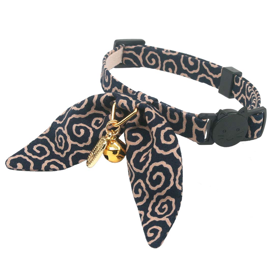 Petsokoo Bunny Ears Cat Collar, Japan Lucky ‘開三運’ Charm. Safety Breakaway Bowtie Kitten Collar With Bell, Navy Blue