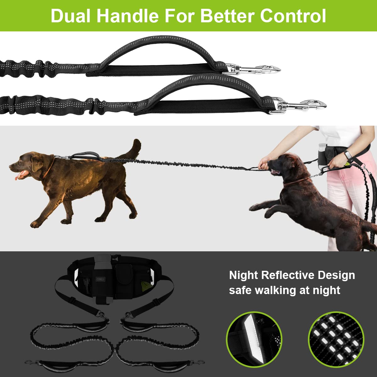 Etaccu Hands Free Dog Leash For 2 Dogs With Dual Heavy-Duty Traffic Handle, Retractable Dog Walking Belt, Adjustable Dog Running Waist Belt With Pouch, Reflective Stitches Leash For Jogging Black