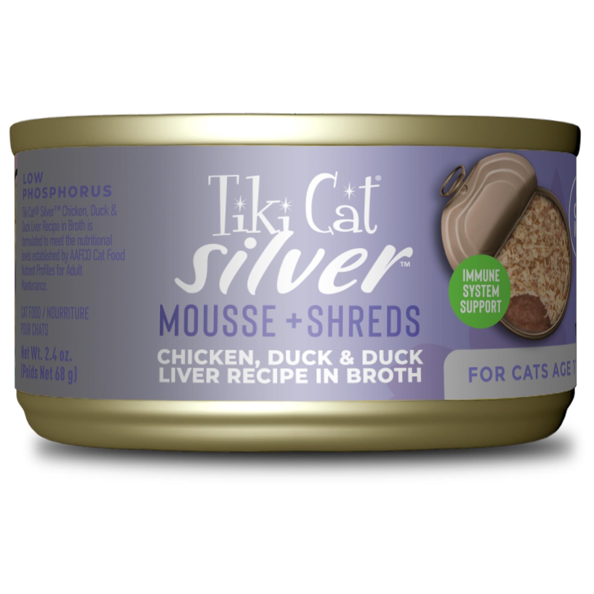 Tiki Cat Silver Comfort Mousse + Shreds, Chicken & Duck and Duck Liver, Immune System Support Formulated for Older Cats Aged 11+