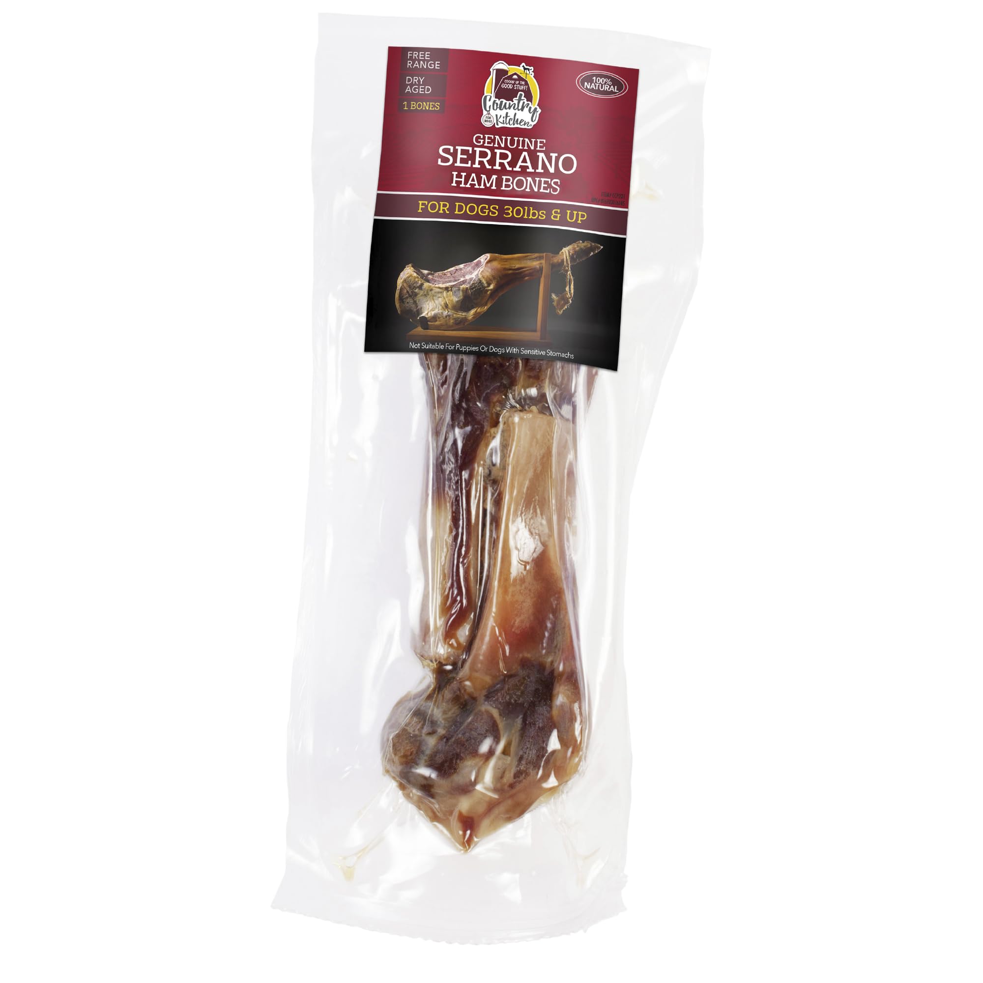 Country Kitchen Genuine Serrano Ham Bone, 100% Natural, Dry Aged, for Medium Sized Dogs, Pack of 1