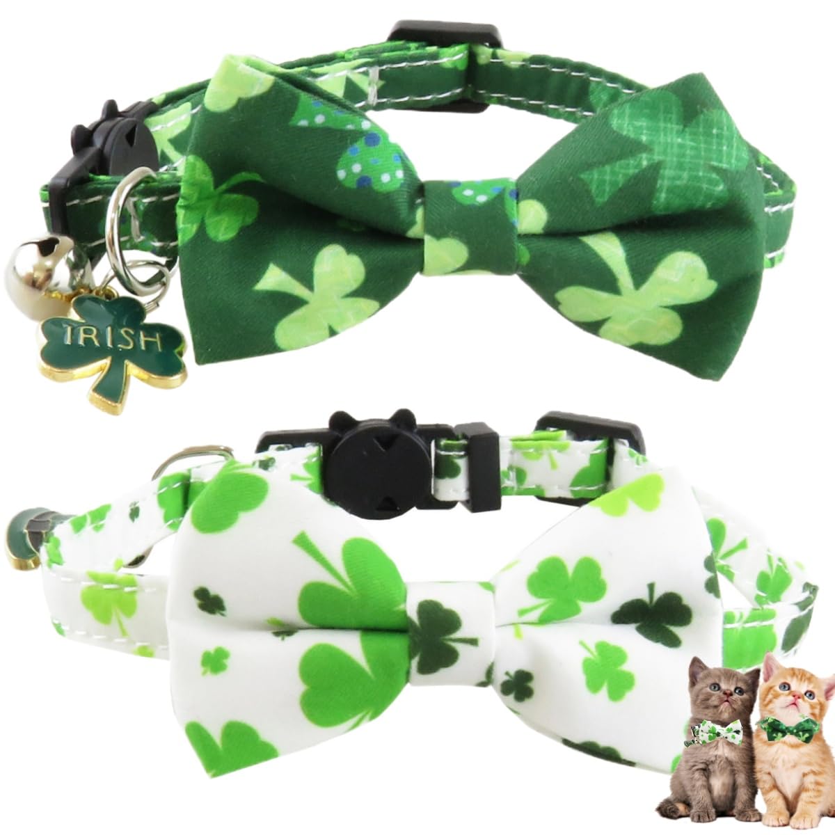 2 Pack St. Patrick'S Day Cat Collar With Bow Tie, Irish Shamrock Clover Cat Collar Breakaway Green With Bells For Boys And Girls