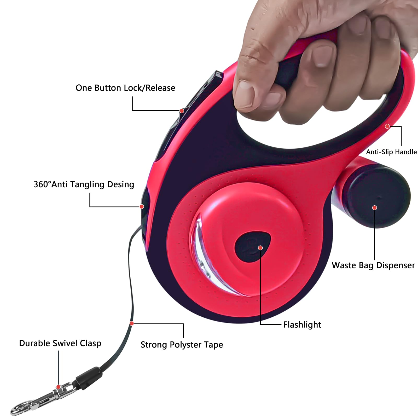 Huhaneon Retractable Dog Leash With Waste Bag Dispenser And Flashlight, 16Ft Dog Leash For Small Medium Dogs Up To 66Lbs, One Bu