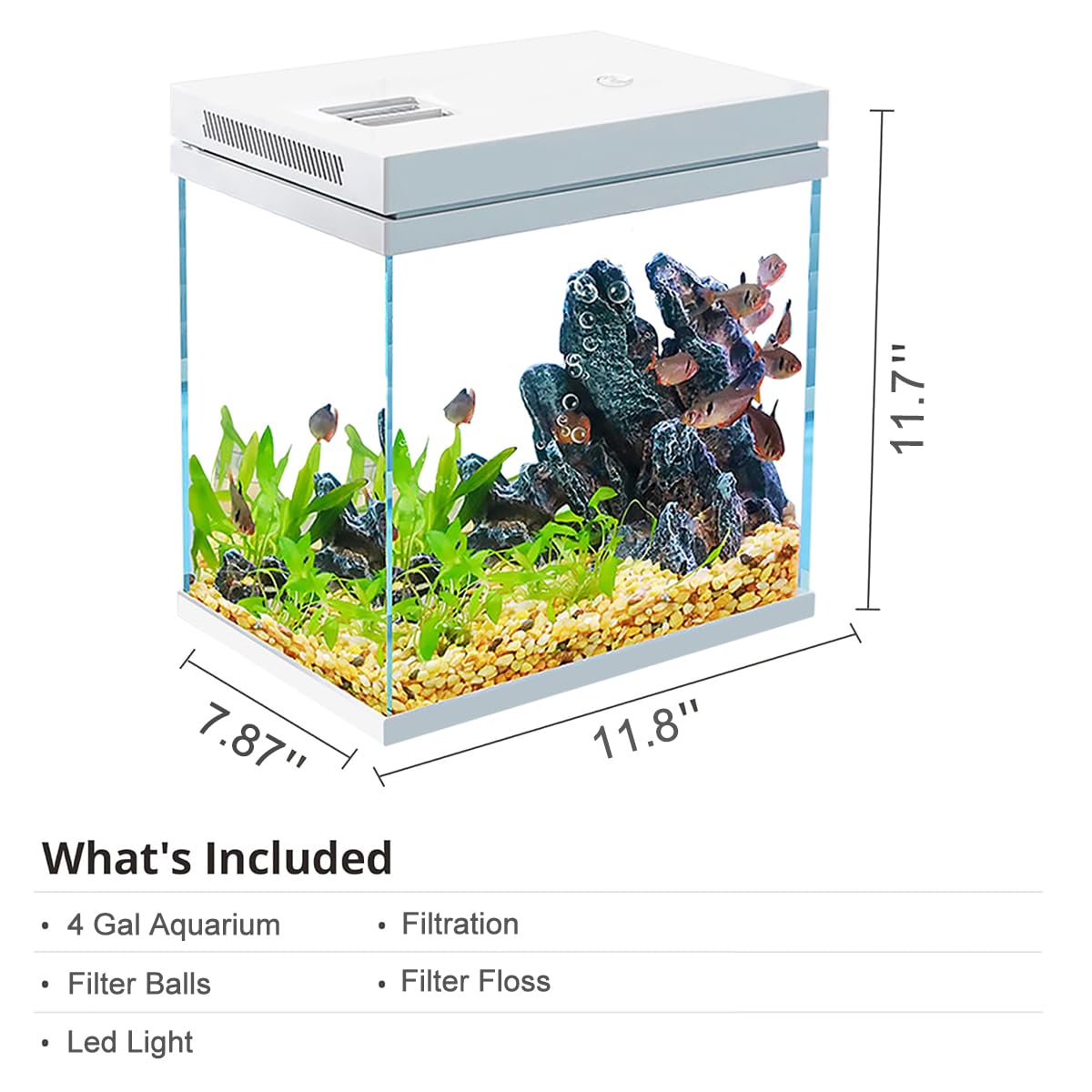 Craftsboys Fish Tank, 4 Gallon Nano-Aquarium, Upgrade Filter System And Led Light, For Freshwater & Marine, Filter Balls Include