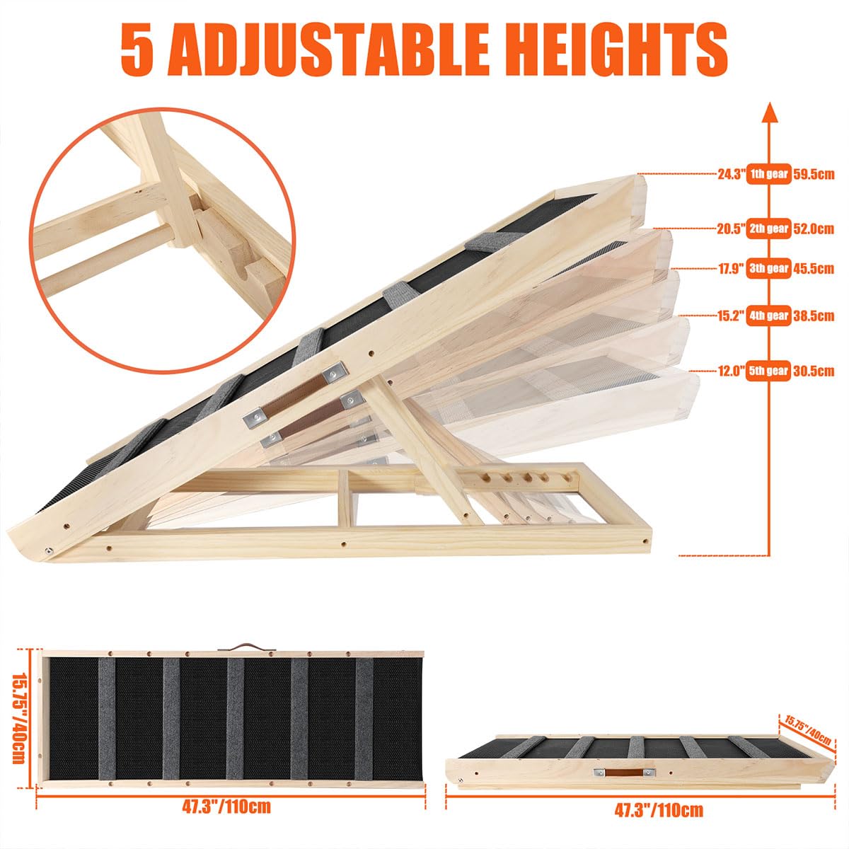 Galigali Dog Ramp, Adjustable Portable Folding Pet Ramp, Grey 43.3' Long Wooden With Non-Slip Traction Pad For Small Old Dogs A