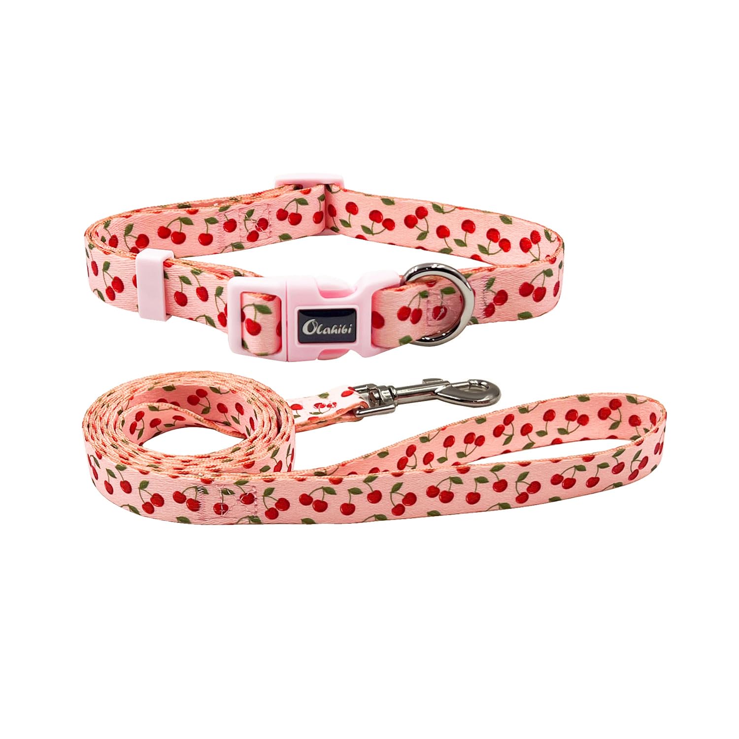 Olahibi Dog Collar And Leash Set, Cherry Pattern, Polyester Material, 5Ft Leash, For Small Dogs.(Small,Pink Cherry)