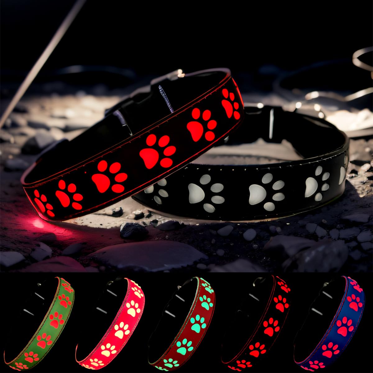 Dogled Led Light Up Dog Collar, Usb-C Rechargeable, Multicolor Paw Print Design, 15 Modes Lighting Night Safety (Black, M(11.8-1