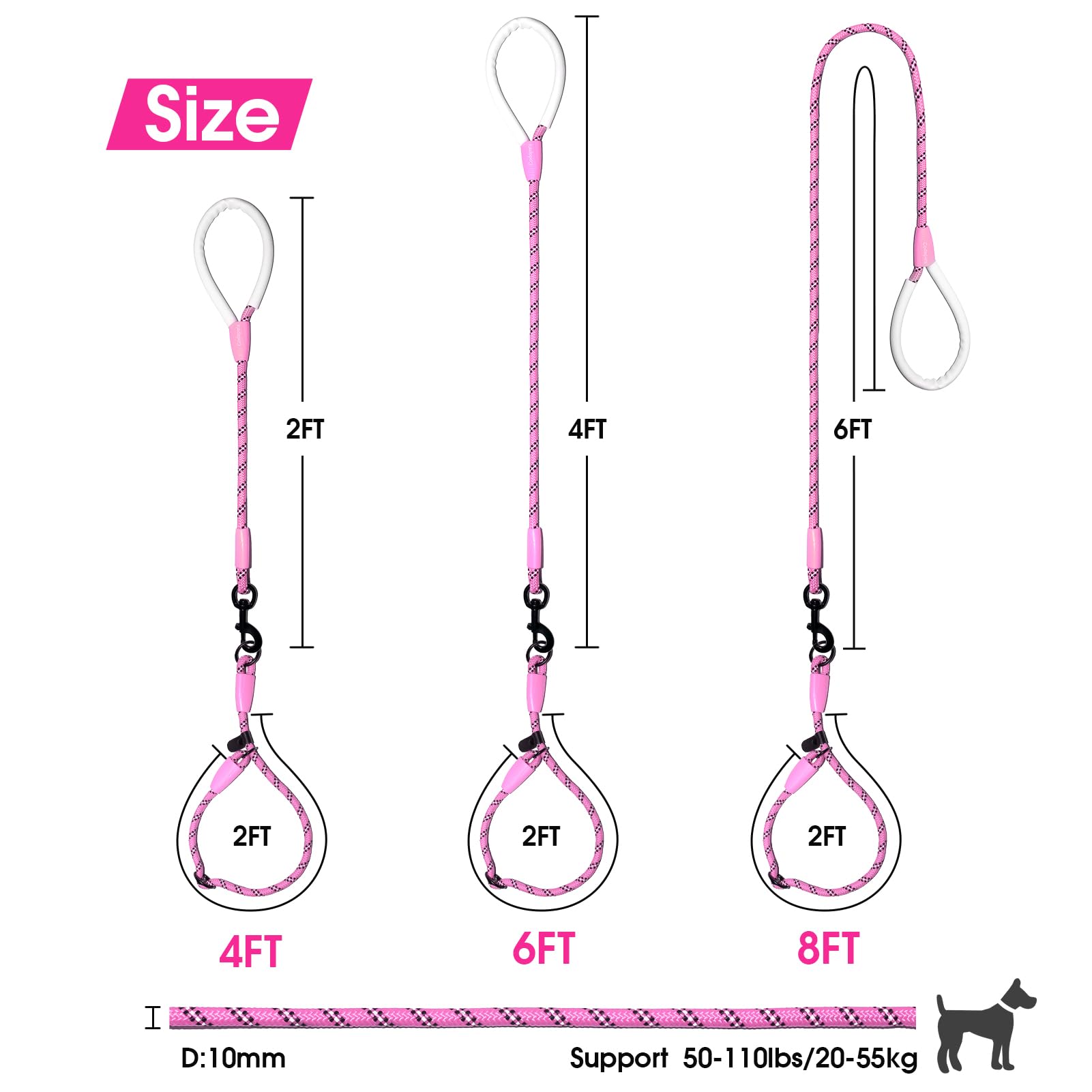 Codepets Detachable 2/5'' Slip Lead, 4Ft 6Ft 8Ft With Comfortable Silicone Handle Strong Rope For Large Medium Small Dogs No Pul