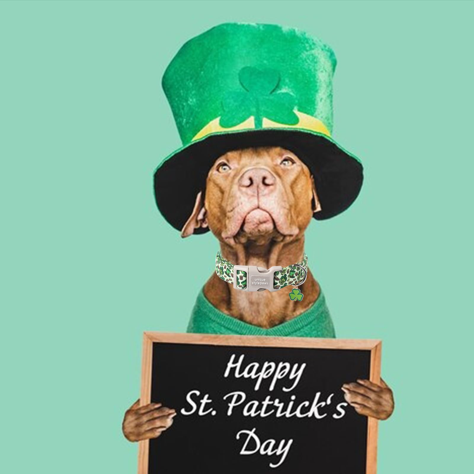 St. Patrick'S Shamrock Dog Collar, Unique Green Trefoil, Adjustable Cotton With Quick Release Buckle For Large, Medium, Small Do