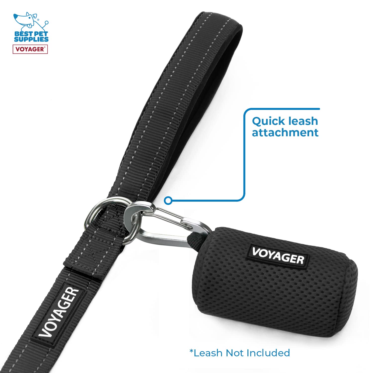 Best Pet Supplies Dog Poop Bag Holder Leash Attachment With 15 Bags, Black, Reusable Mesh Dispenser Pouch For Travel, Walking, P