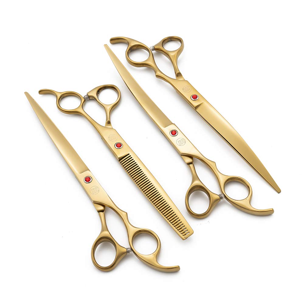Moontay Professional 8.0' Dog Grooming Scissors Set, 4-Pieces Straight, Upward Curved, Downward Curved, Thinning/Blending Shears For Dog, Cat And Pets, Jp Stainless Steel, Gold