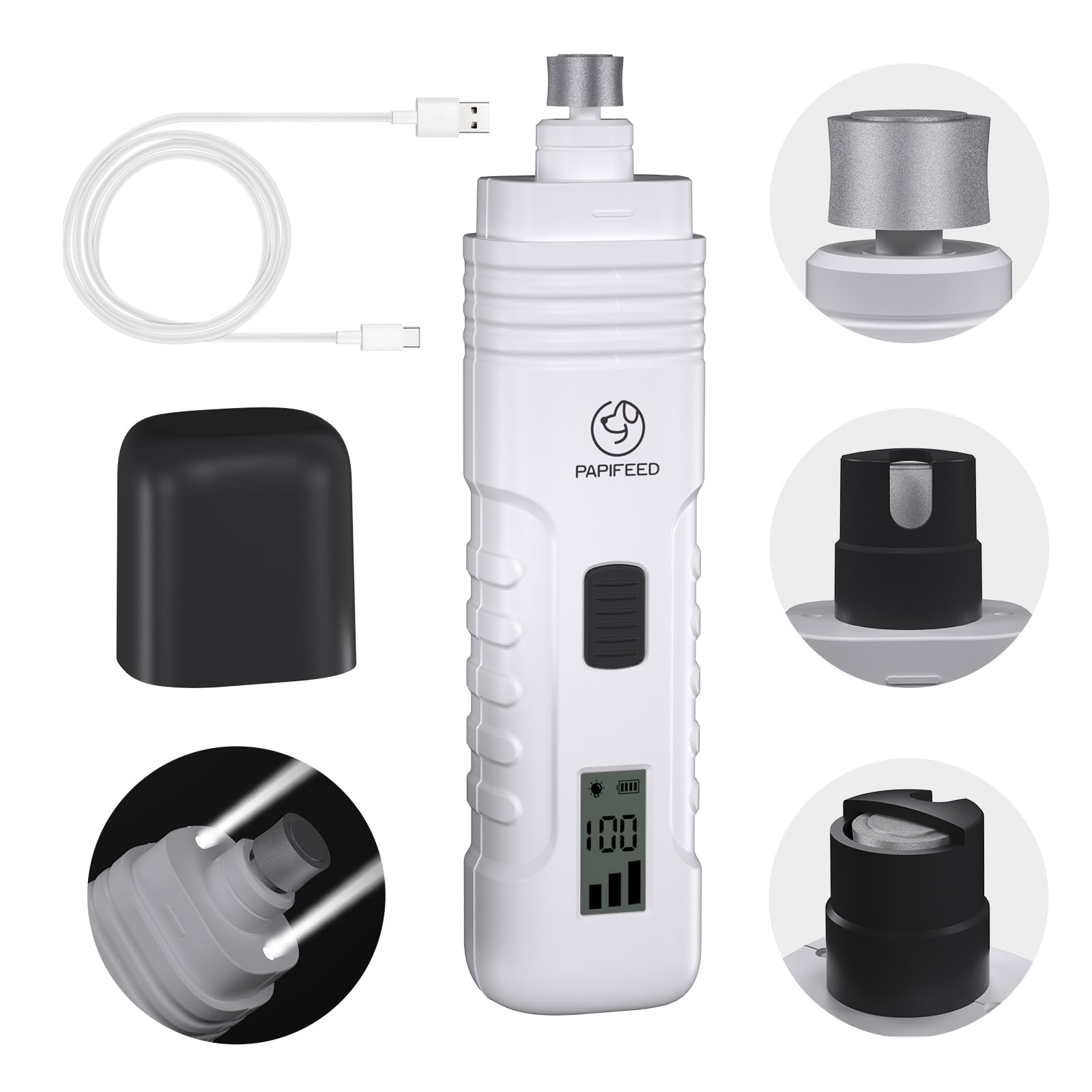Papifeed Dog Nail Grinder Professional Pets, 3-Speed Electric Quiet Dog Nail Grinder, Rechargeable Dog Nail Trimmers - With 2 Le