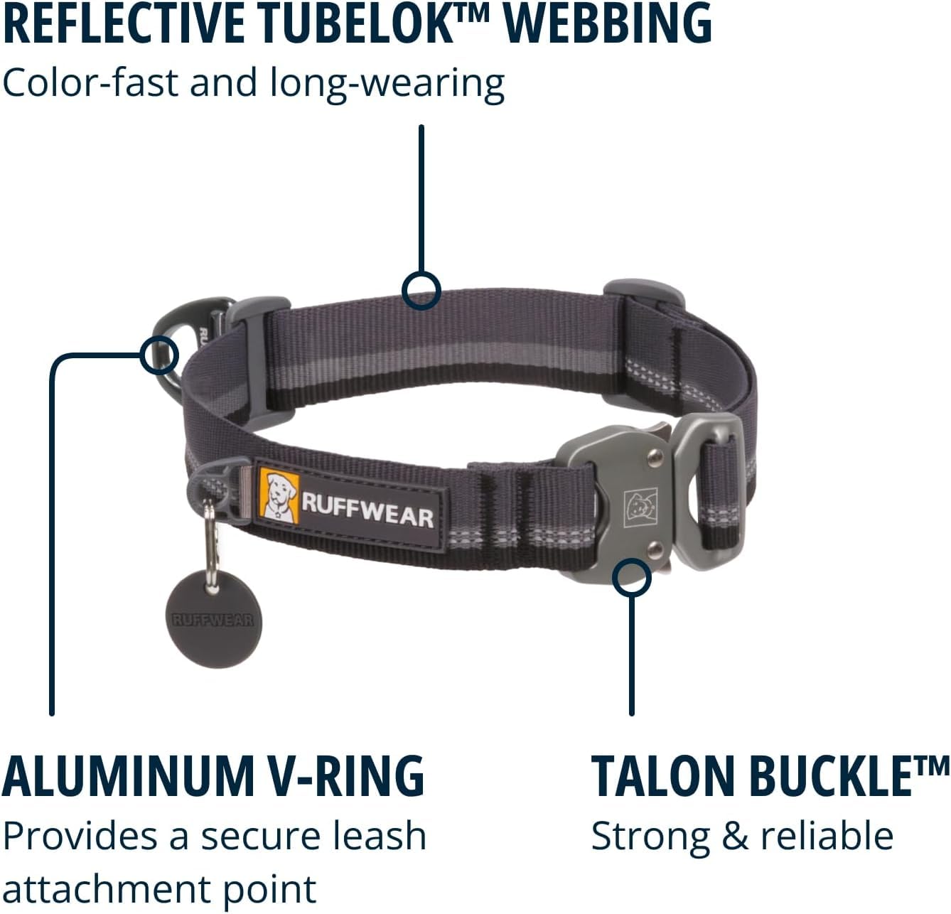 Ruffwear, Top Rope Dog Collar, Reflective Metal Buckle Dog Collar for Everyday Use, Basalt Gray, 20-26