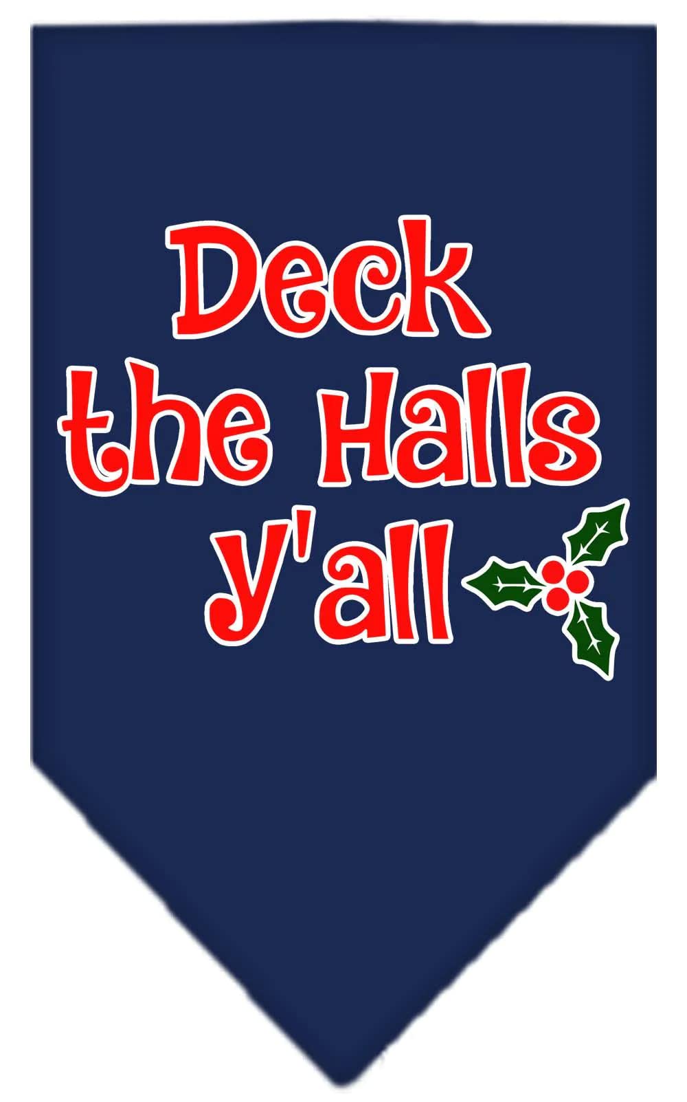 Christmas Pet and Dog Bandana Screen Printed, &quot;Deck The Halls Y'all&quot; Navy Blue Large