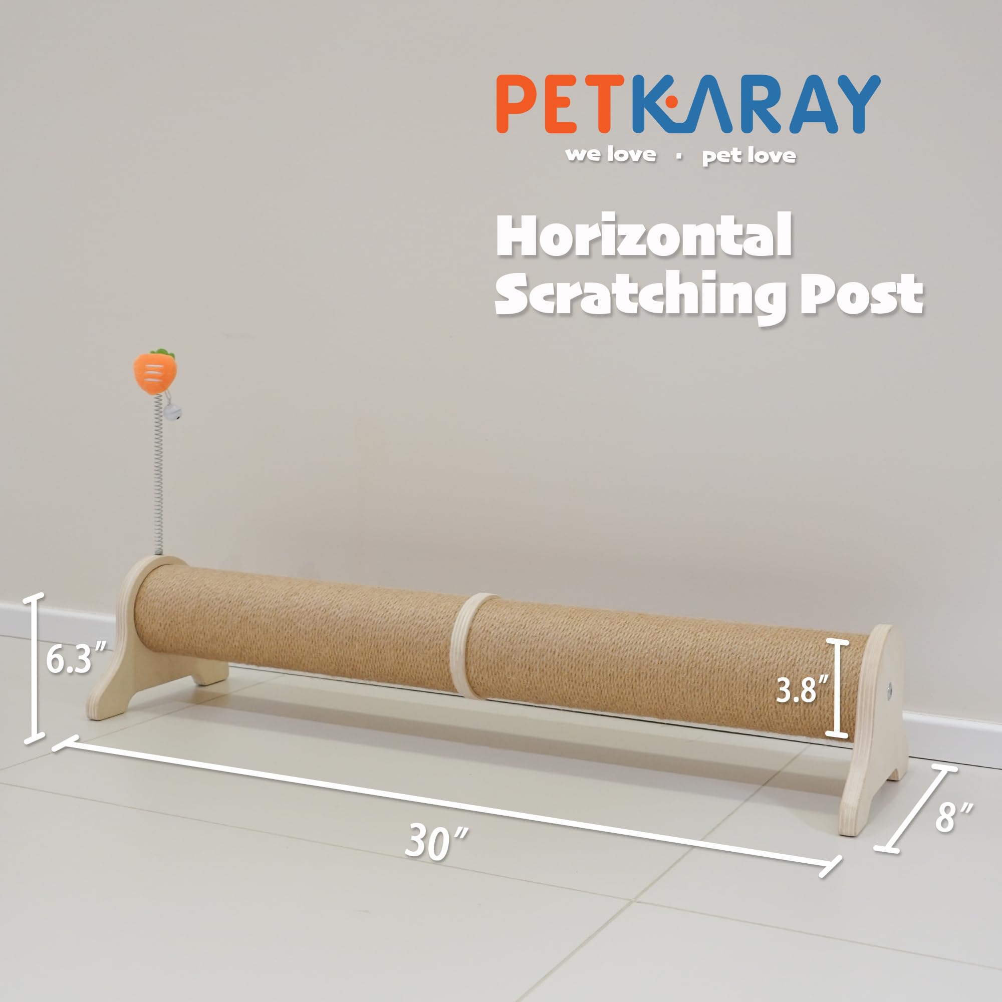 PETKARAY 30" Sisal Cat Scratching Post with Spring Toy, Beige, Model STR025-R, Large Cat Scratcher for Indoor Kittens, Protects Furniture