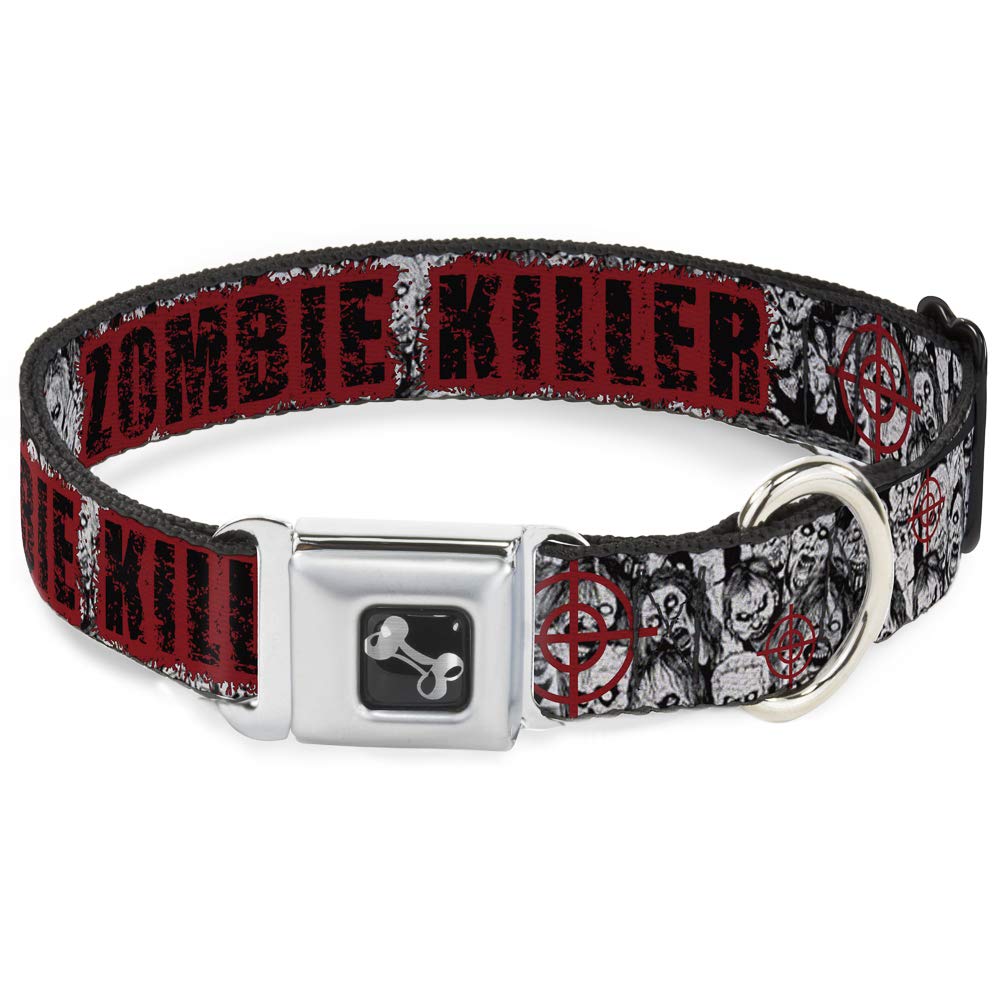 Buckle-Down Seatbelt Buckle Dog Collar - Zombie Killer W/Stacked Zombies Sketch - 1'' Wide - Fits 9-15'' Neck - Small