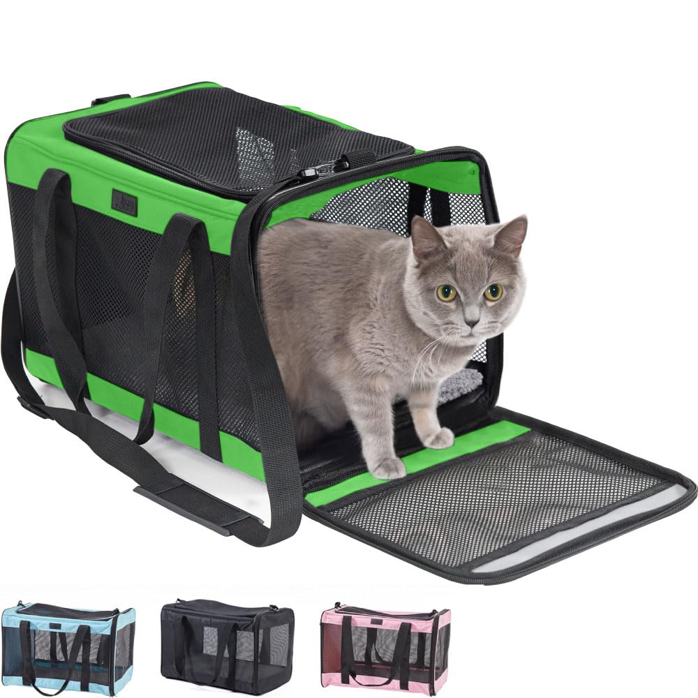 Gorilla Grip Airline Travel Cat Carrier Bag Up To 15 Lbs, Breathable Mesh Collapsible Pet Carriers For Medium Cats, Small Dogs, Puppies, Portable Kennel With Soft Washable Waterproof Pad, Light Green