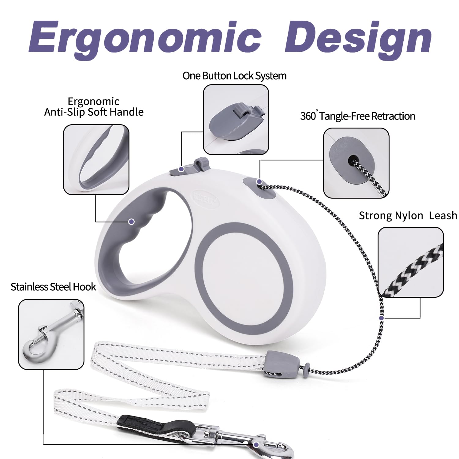 Retractable Dog Leash, 30 Ft/ 20 Ft Dog Walking Leash For Small Medium Large Dogs Up To 77 Lbs/ 44 Lbs, Heavy Duty No Tangle (Wh