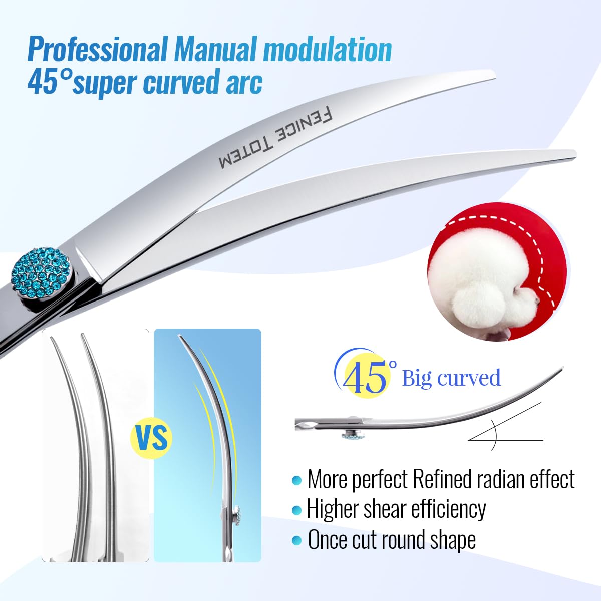 Fenice Professional Grooming Curved Shear: 45 Degree Super Curves Scissors For Dogs 6.5' Big Arc Curved Shears Made Of Japanese