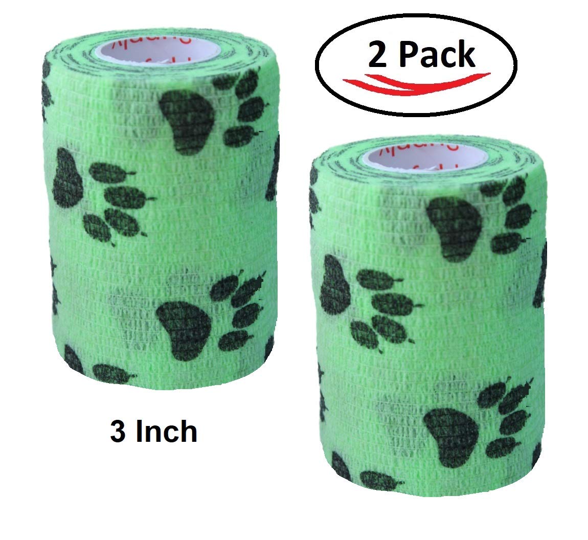 Vet Wrap Wrap Tape (Green with Paw Prints) (2 Pack) (3 Inch x 15 feet) Self Adhesive Adherent Adhering Cohesive Flex Self Stick