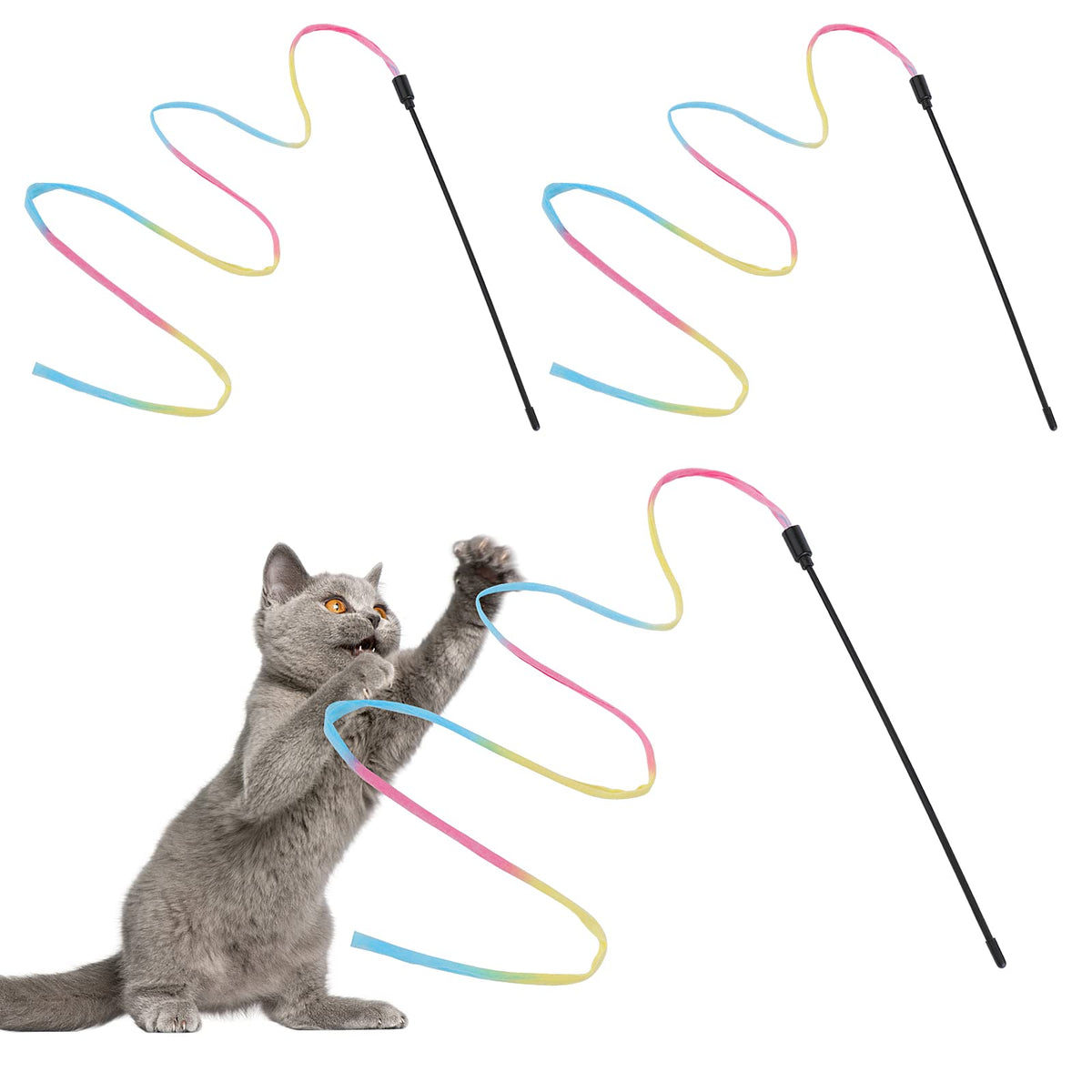 Molain Cat Wand Rainbow Toy, 3Pcs Rainbow Ribbon Cat Wand For Kittens Training Rainbow Ribbon Cat Interactive Catcher Wand Stick Toy For Kitten Cat Indoor Exerciser Playing(30Cm)